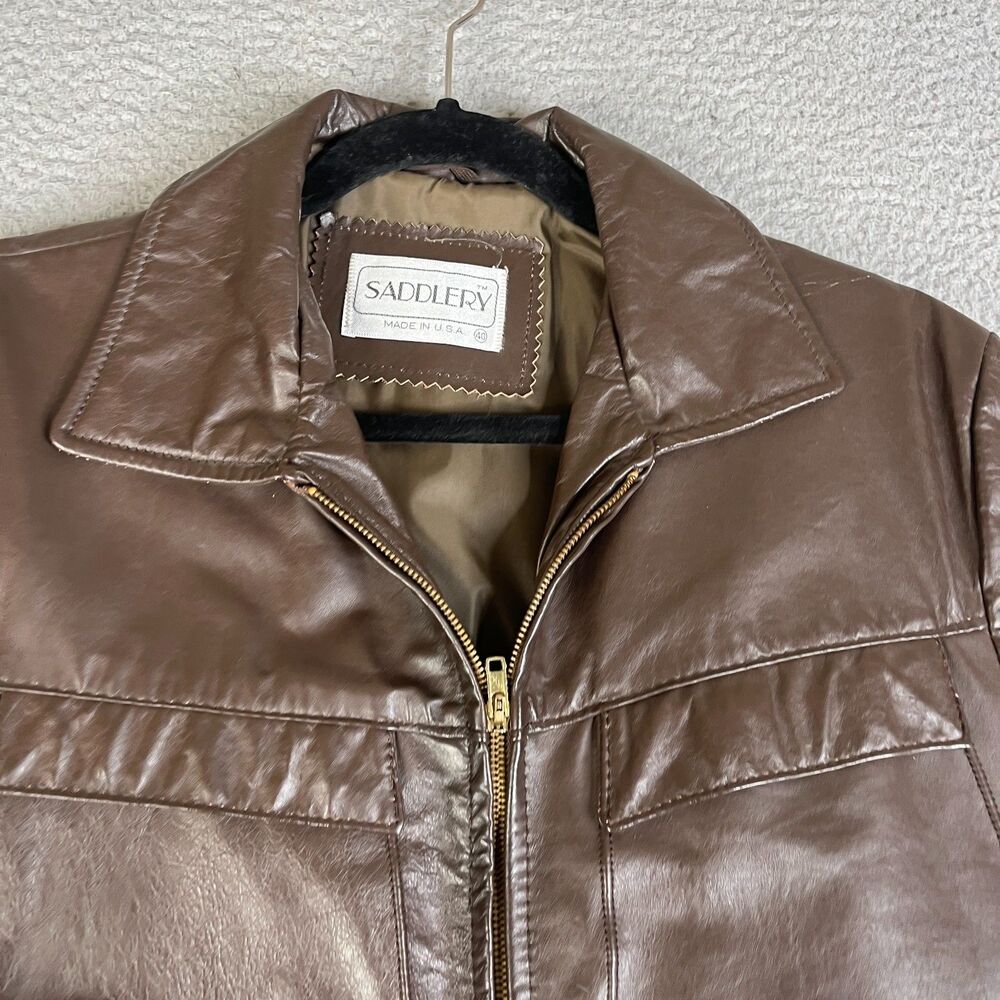 VINTAGE SADDLERY Leather Bomber Jacket Men 40 Full Zip Ribbed Trim Made USA